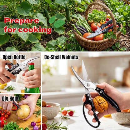 2-Pack Heavy Duty Kitchen Shears - Ultra Sharp All Purpose Food Scissors for Cutting Chicken Bones, Meat & Vegetables, Multi-Function Stainless Steel Cooking Shears (Black & Red)