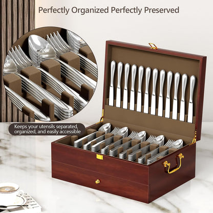 Solid Walnut Silverware Storage Box, 2-Layer Silverware Chest with Drawer, Flatware Case with Lid and Felt Lined, Wood Flatware Storage Box Holds 12-16 Sets of Utensils, Wedding Housewarming Gifts