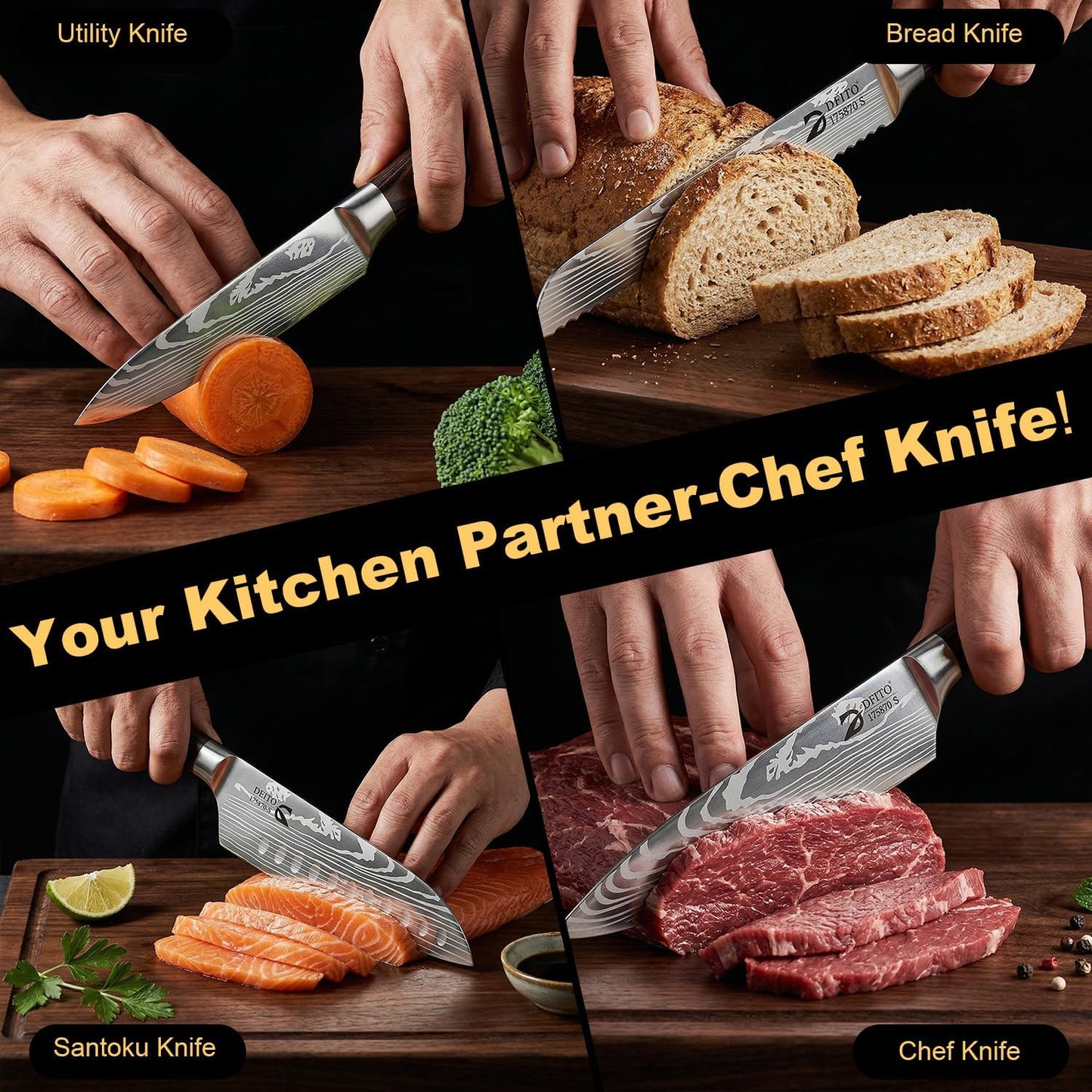 Dfito Kitchen Knife Set, 15 Pieces Knife Set with Block and Sharpener, High Carbon Stainless Steel Chef Knives Set with Red Pakkawood Handle for Home Cooking, Dishwasher Safe