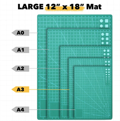 Mandala Crafts Self-Healing Cutting Mat Set – 12" x 18" A3 Green Double-Sided 5-Ply Mat with Fabric Cutter, Quilt Ruler & Craft Knife for Sewing, Quilting, Leather & Scrapbooking