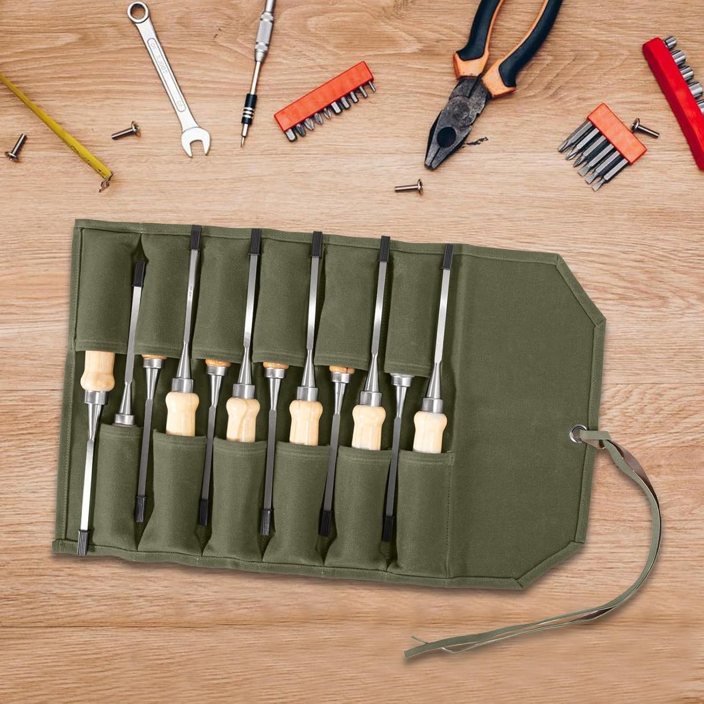 Chisel Roll,6 Pockets Roll Up Tool Pouch,Waxed Canvas Small Tool Roll Organizer and Wrench Roll Up Pouch,Store Chisel,Wrench,Pliers,Carving Knife (12-Brown)
