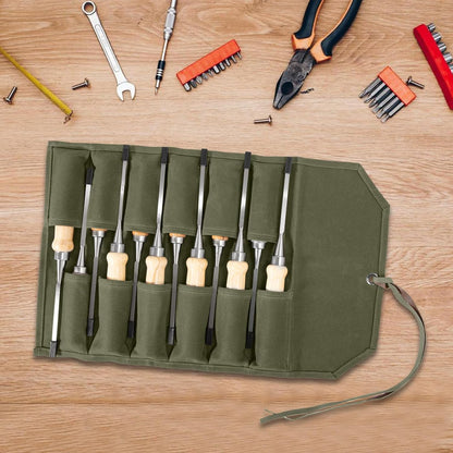 Chisel Roll,6 Pockets Roll Up Tool Pouch,Waxed Canvas Small Tool Roll Organizer and Wrench Roll Up Pouch,Store Chisel,Wrench,Pliers,Carving Knife (12-Brown)
