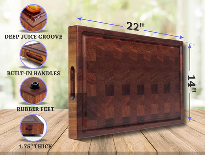 Straga Handmade Reversible End Grain Mahogany Heavy-Duty Chopping Block with Non-Slip Feet, Deep Juice Groove, Built-in Handles - Ideal for Cutting Meat, Cheese, Vegetables (12" x 9", Mahogany)