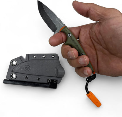 Scout Feather Glow - Fixed Blade Survival Knife with built-in Firestarter for Camping, Hunting, Outdoor Adventure and Culinary Need - VG10 Blade, Whistle, Knife Sharpener, Compact Sheath & G10 Handle
