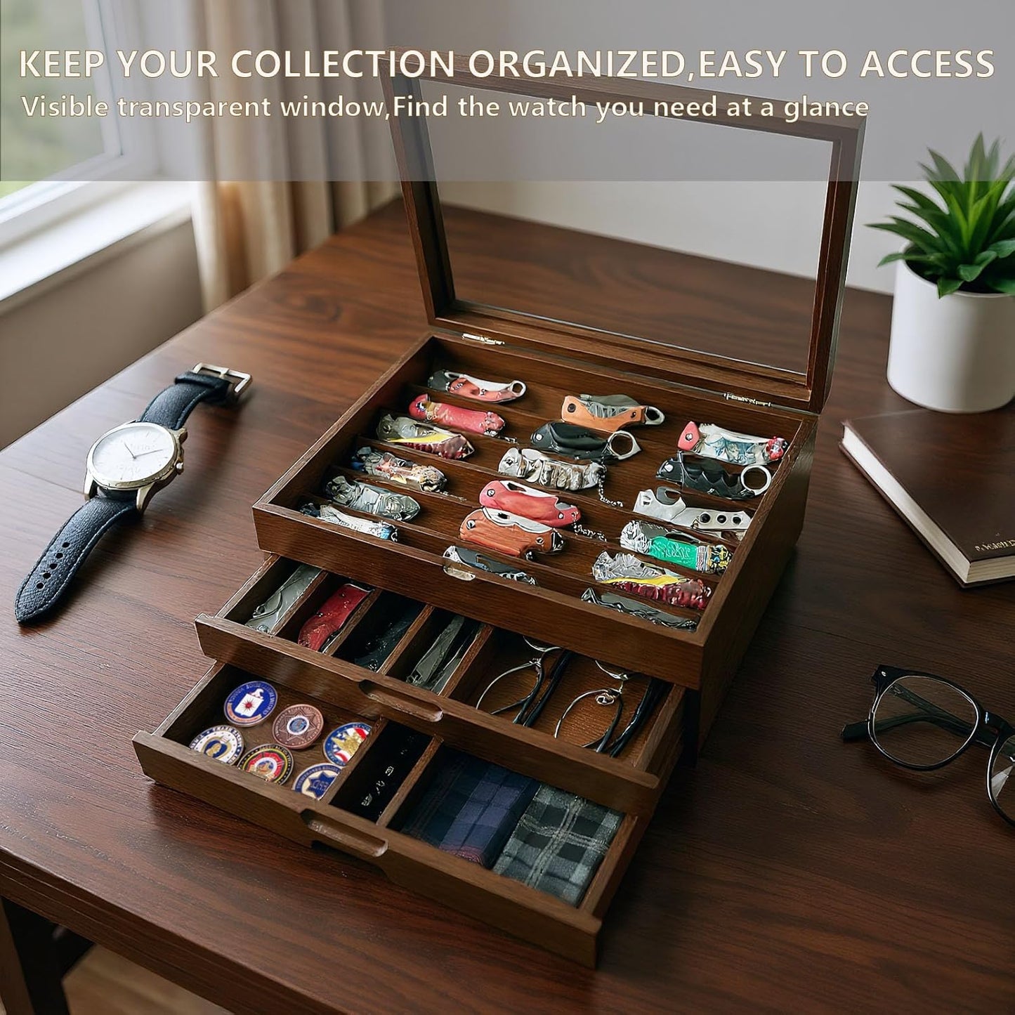 AUTOARK Knife Display Case Holds 43+ Knives,Large 3-Tier Wooden Organizer with Glass Top and Drawer,Gift for Men,Walnut,AHK-072