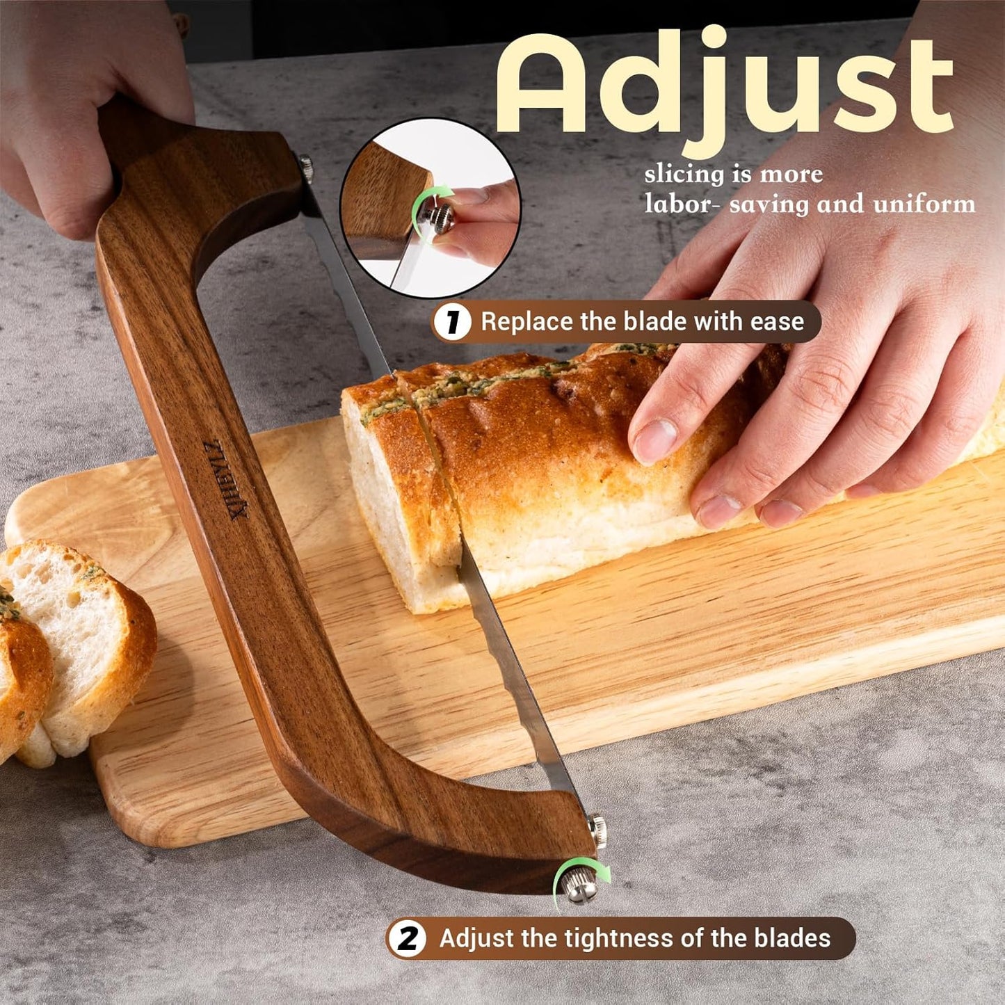 Sourdough bread knife,Bread slicer for homemade bread,Adjustable blade tightness for Even Slicing, Serrated knife,Wooden bread cutter with Bow Design (1, brown)