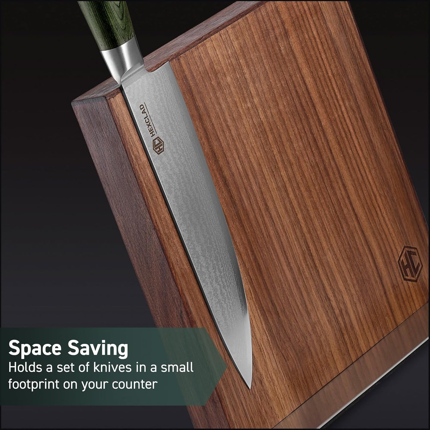 HexClad 7-Piece Knife Set, 6-Piece Essential Knife Set and Magnetic Knife Block, Japanese Damascus Stainless Steel Blades, Full Tang Construction, Pakkawood Handles