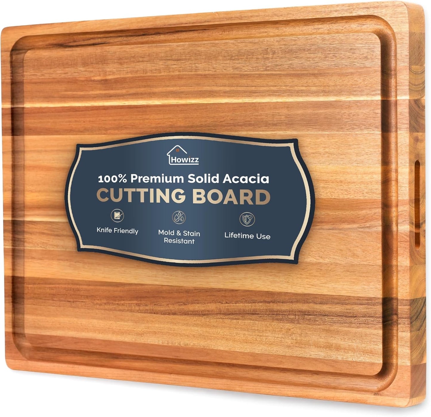 Howizz Acacia Wood Large Cutting Board, Thick End Grain Solid Wood Butcher Block For Kitchen, Non Toxic Pre-Oiled Carving Tray w/Juice Grooves and Easy Grip Handle, 20"x15"x1" (Gift-Ready Box)