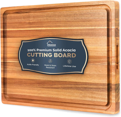 Howizz Acacia Wood Large Cutting Board, Thick End Grain Solid Wood Butcher Block For Kitchen, Non Toxic Pre-Oiled Carving Tray w/Juice Grooves and Easy Grip Handle, 20"x15"x1" (Gift-Ready Box)