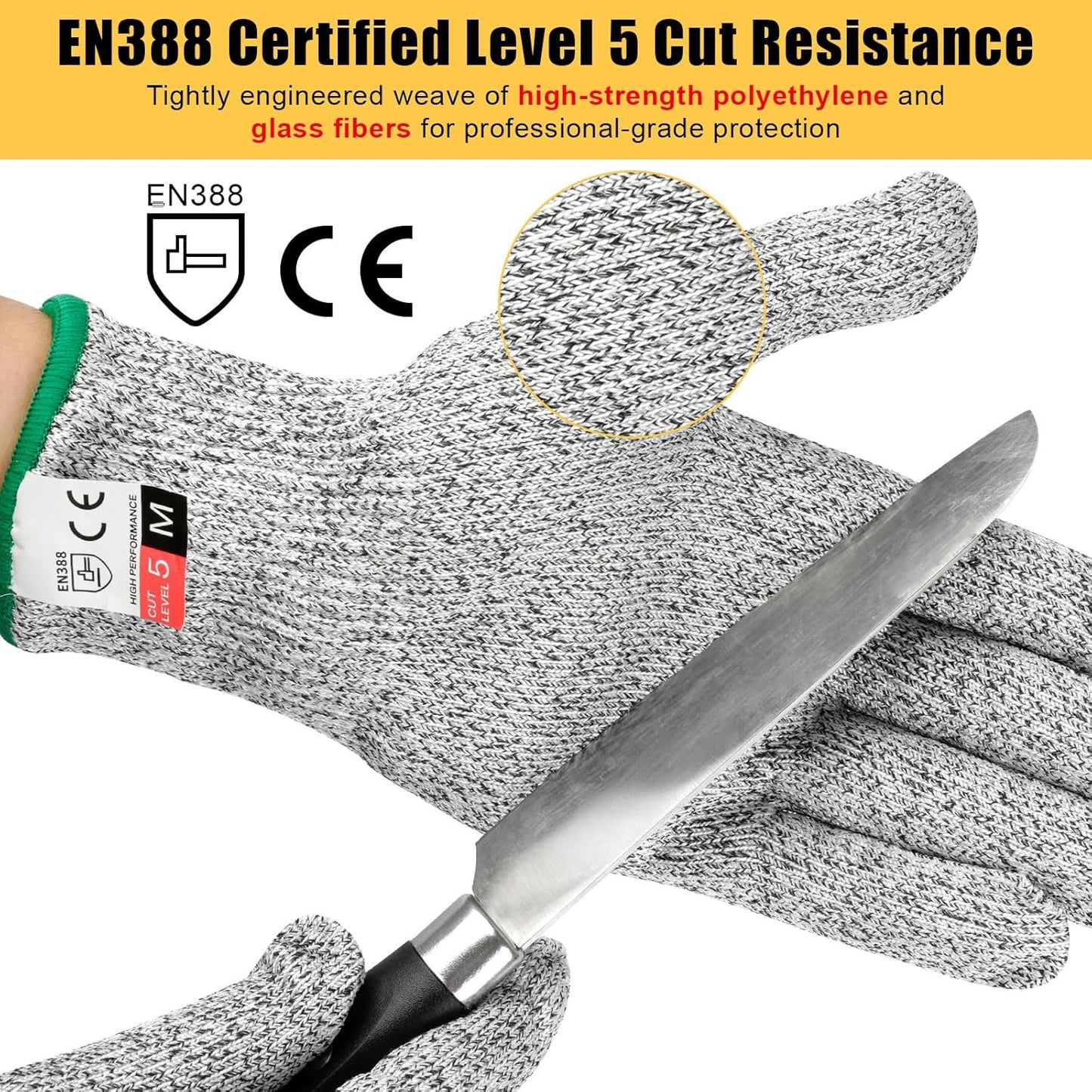 2 Pairs Cut Resistant Gloves Level 5 Protection, Food Grade Cut Proof Gloves, Safety Anti Cutting Glove For Cooking Meat, Oyster Shucking, Mandoline, Chefs, Food Prep, Carving, Butcher (M+L)