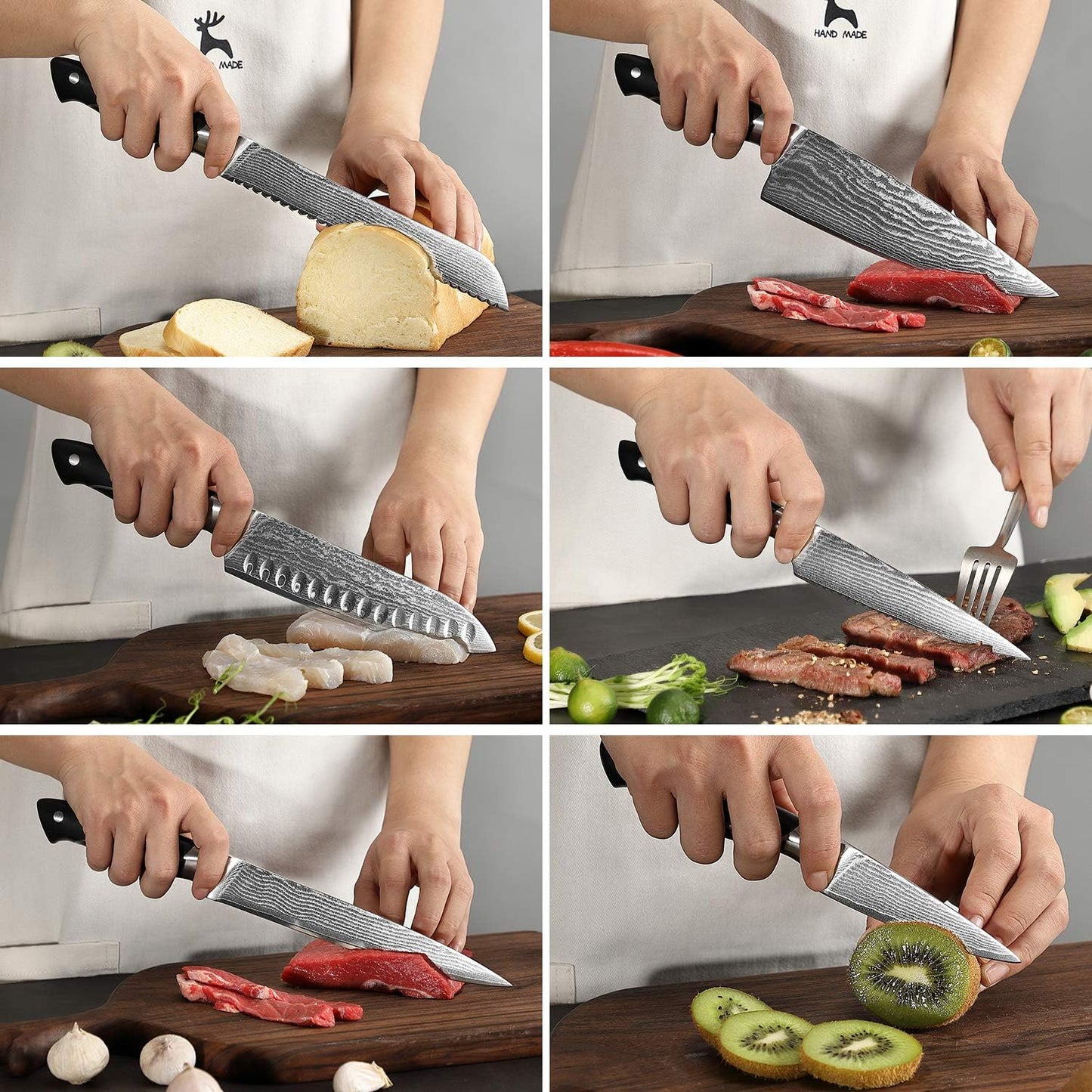 18 Pieces Damascus Kitchen Knife Set, 8 Piece Steak Knives, Non-slip ABS Ergonomic Triple Rivet Handle for Meat Fork, Knife Sharpener and Shears, 17 Slots Fraxinus Manchuria Knife Block (Grey)