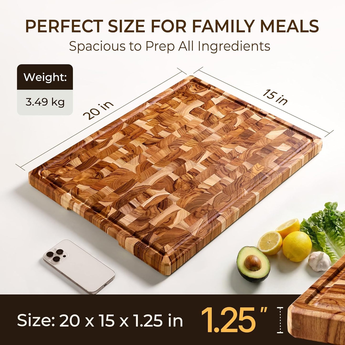 Teak Wood Cutting Boards for Kitchen 20'' Extra Large Butcher Block End Grain Wooden Cutting Board with Juice Groove & Handle Heavy Duty Chopping Charcuterie Board Non Toxic Slip Serving KnifeFriendly