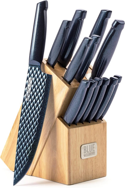 Blue Diamond Sharp Stone 14 Piece Knife Block Set, PFAS-Free Nonstick Diamond Textured Stainless Steel Blades, Rust Resistant Kitchen Cutlery, Chef & Steak Knives, Dishwasher Safe, Navy
