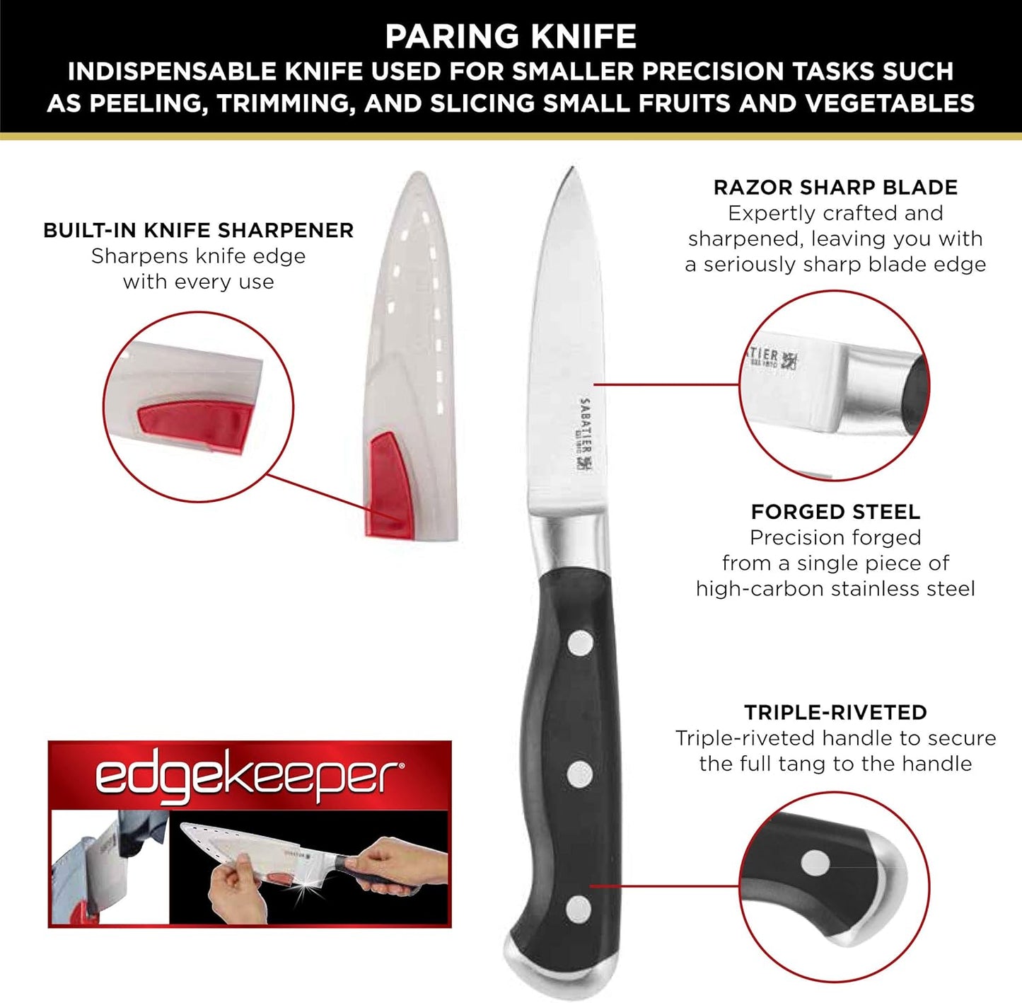 Sabatier Forged Stainless Steel Chef Knife with Edgekeeper Self-Sharpening Blade Cover, High-Carbon Stainless Steel Kitchen Knife, Razor-Sharp Knife to Cut Fruit, Vegetables and more, 8-Inch, Black