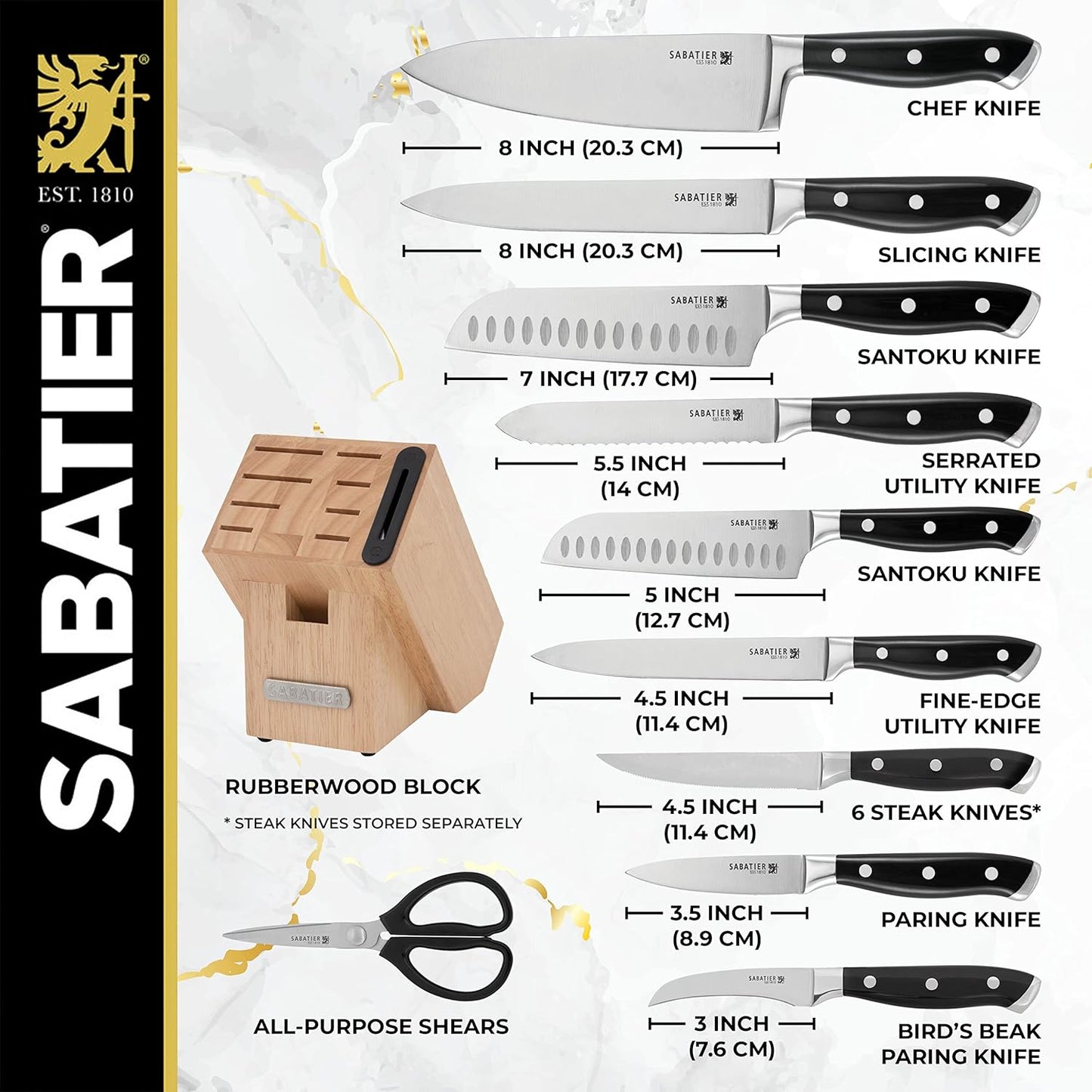 Sabatier 15-Piece Forged Triple Rivet Knife Block Set, High-Carbon Stainless Steel Kitchen Knives, Razor-Sharp Knife set with Acacia Wood Block, White Handles