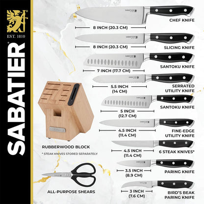 Sabatier 15-Piece Forged Triple Rivet Knife Block Set, High-Carbon Stainless Steel Kitchen Knives, Razor-Sharp Knife set with Acacia Wood Block, White Handles