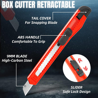 4 Pack Box Cutter Retractable, Utility Knife 9MM Wide Snap-Off Blades, Exacto Knife for Cutting Box, Wrapping, Cardboard, Extended Razor Knife, Box Opener Perfect for Office, Home, School