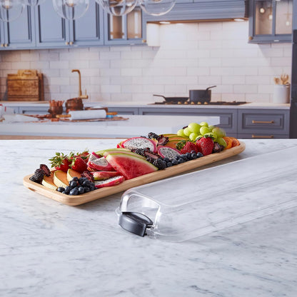 Farberware Build-A-Board Bamboo Cutting Board with Single Storage Compartment, Clear Locking Lid, Black Handles, Perfect for Charcuterie & Snacks