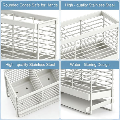 Utensil Holder, Upgrade Stainless Steel Utensil Drying Rack with Automatic Drain Tray for Kitchen Counter, Silverware Cutlery Organizer for Spoons, Forks, Knifes, Chopsticks (Black)