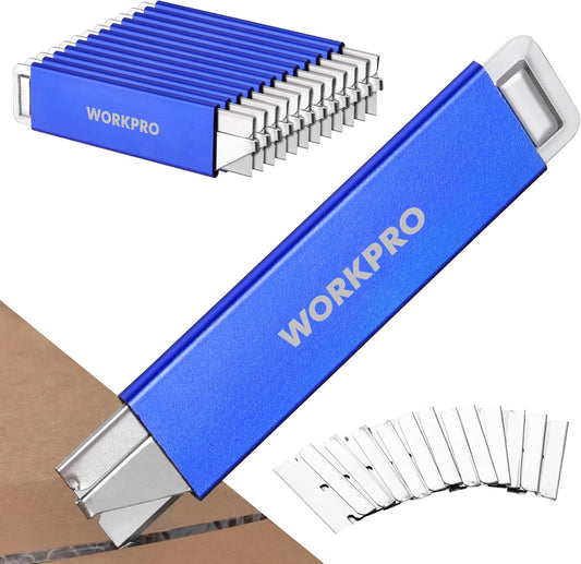 WORKPRO 12-Pack Box Cutter Retractable - Utility Knife with Single Edge Razor Blade - Razor Knife Box Opener Cardboard Cutter with Metal Sheathes- Extra 12-Pack Razor Blades for Replacement - Red