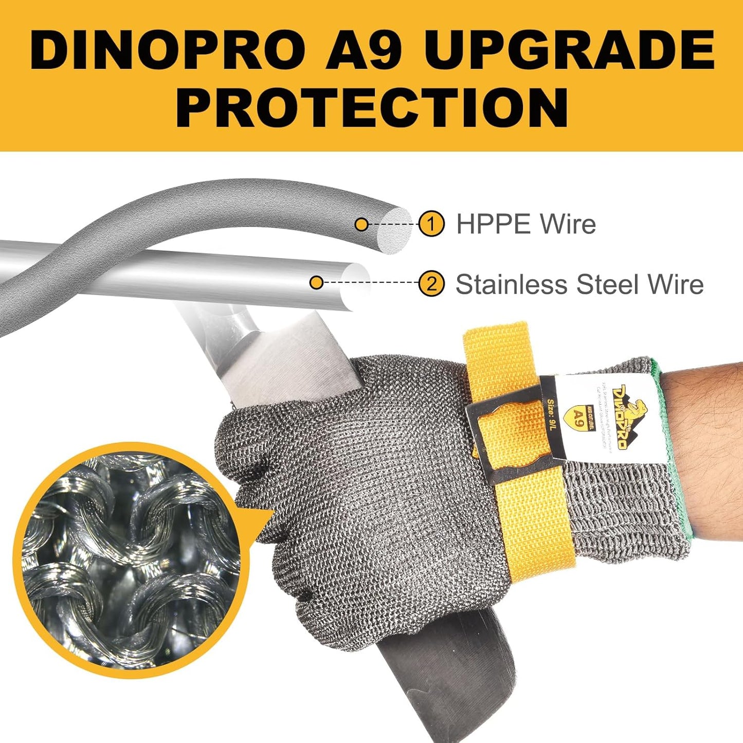 dinopro Upgraded 2.0 ANSI A9 Cut Resistant Glove Food Grade Cutting,Stainless Steel Mesh Metal Glove Mandoline Knife Protection for Slicing,Kitchen Cooking,Oyster Shucking and Fish Scale Remover