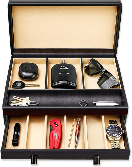 Stock Your Home Mens Valet Tray, Men's Jewelry Box, Night Stand Organizers and Storage, Bedside Table Organizer, Watch Box for Dresser, Faux Leather (Black & Gray)