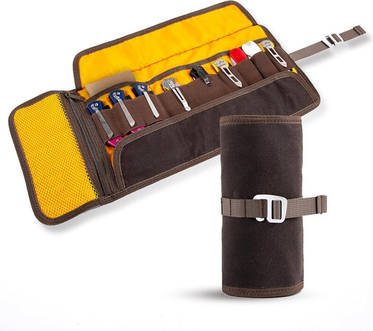 Pocket Knife Display Case | EDC Roll-Up Tool Bag, Folding Knives Roll Bag Organizer for Notebook Lovers | Multi-Pocket with Elastic Loops, Storage knifes Pouch for Camping and Outdoor Use