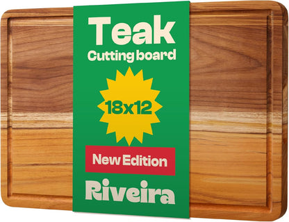 Riveira Teak Wood Cutting Board – Gourmet Teak Grandeur: 18 x 12 Wooden Cutting Board – Natural Wooden Cutting Boards For Kitchen Decorative – Innovative Juice Grooves Teak Wooden Chopping Board