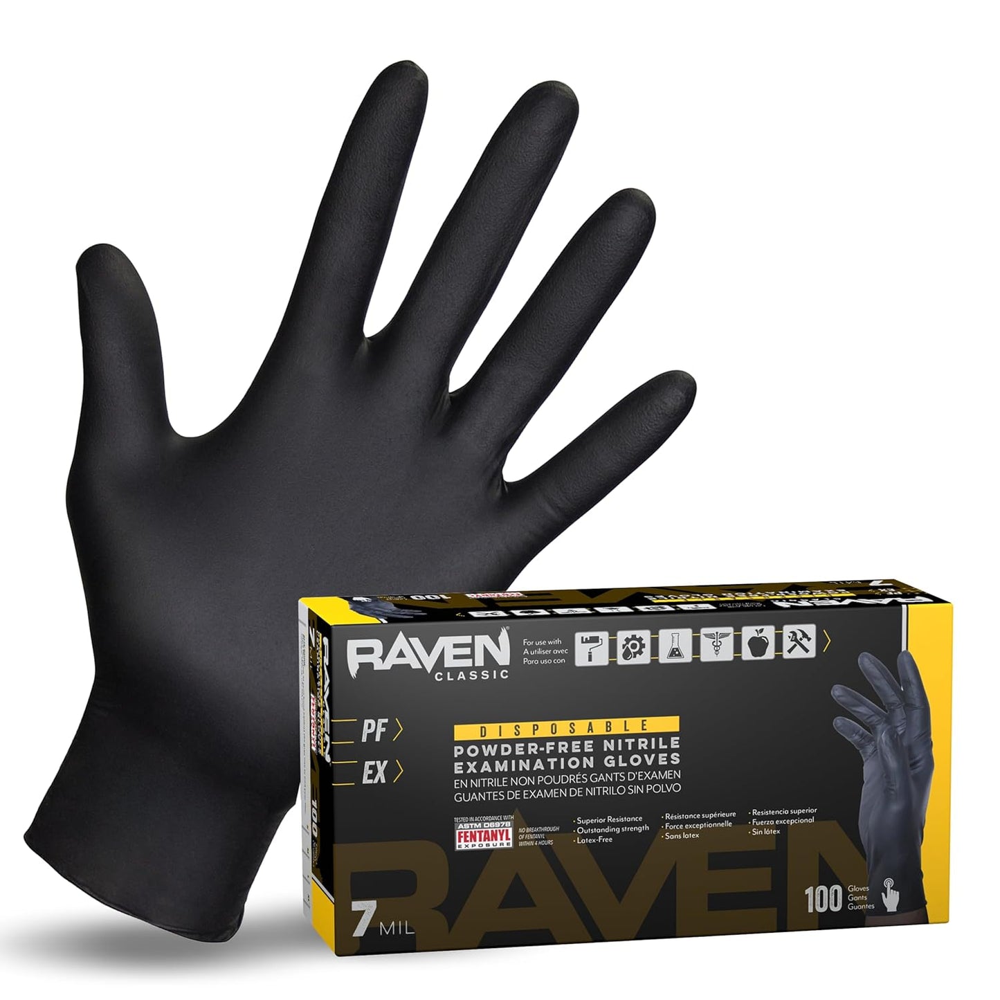 Raven Powder Free Nitrile Disposable Gloves 7 Mil - XL Latex Free, Chemical + Puncture Resistant, Textured Grip, Single Use for Automotive, Industrial, Janitorial, MRO, Food Service 66519