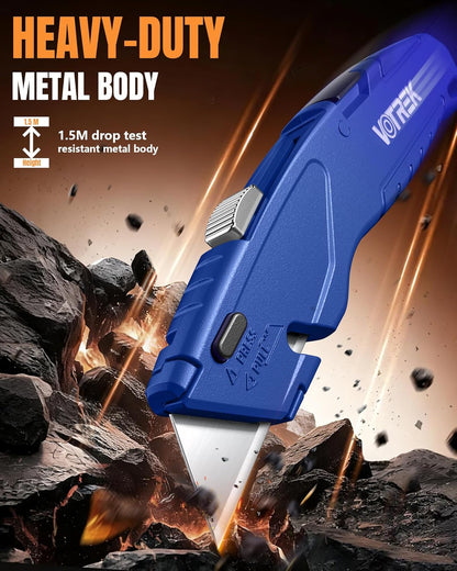 VOTREK® Box Cutter Retractable| Metal Utility Knife Set【Built-In Storage】 Tool-Free Quick Blade Change| Safety Lock| Extra 10 Sharp SK5 Blades| 2-Pack Heavy Duty Razor Knife for Cardboard & Plastic