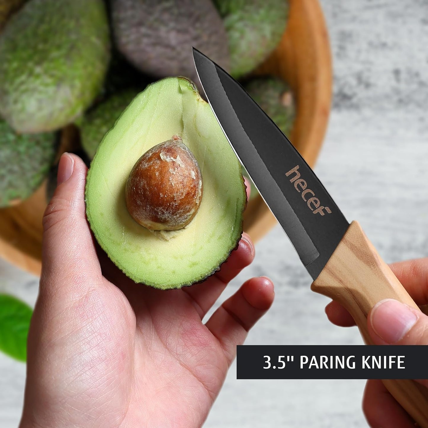 hecef Knife Set of 3, Stainless Steel Blade with Non-stick Coating, Sharp Kitchen Knives Includes Santoku, Utility, Paring Knives