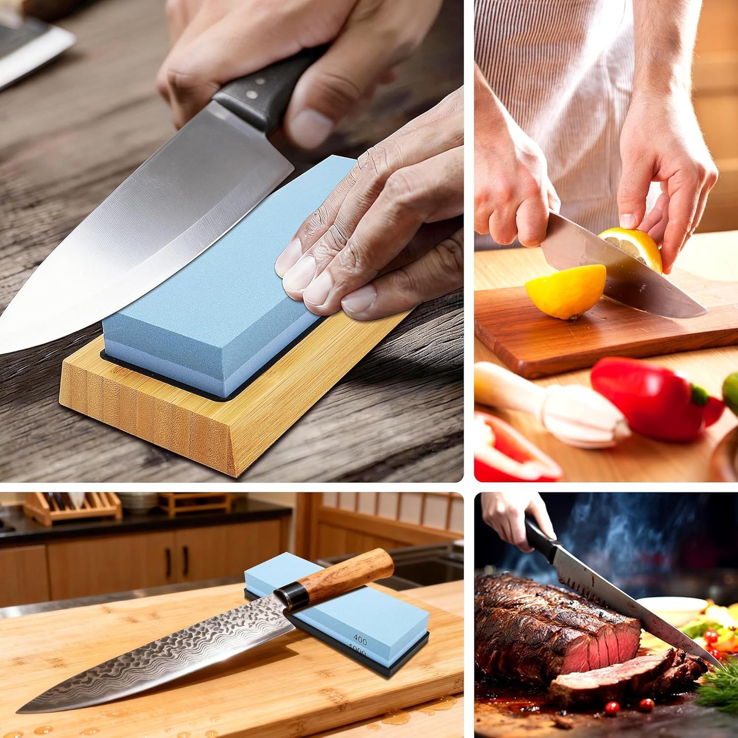 Knife Sharpening Stone Kit, 400/1000 & 3000/8000 Grit Whetstone Set with Bamboo Base, Angle Guide, Flattening Stone & Leather Strop