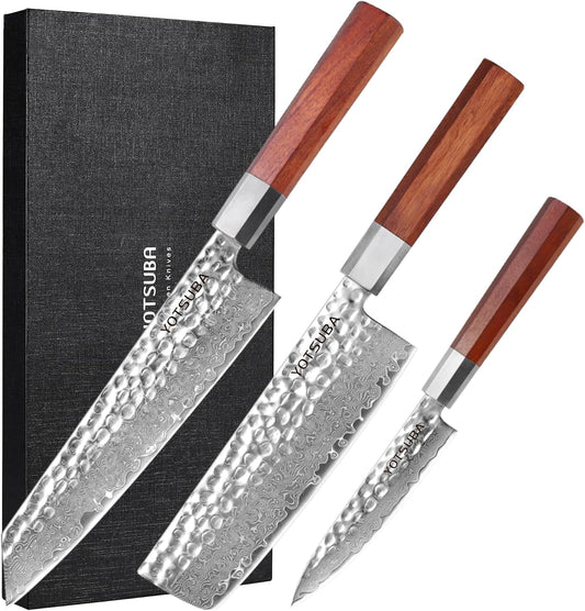 YOTSUBA 3PCS Japanese Damascus Chef Knife Set – Ultra Sharp Hand-Forged High Carbon Steel Blades with 100% Genuine Natural Hardwood Handles, Professional Kitchen Knives for Chopping Meat & Vegetables