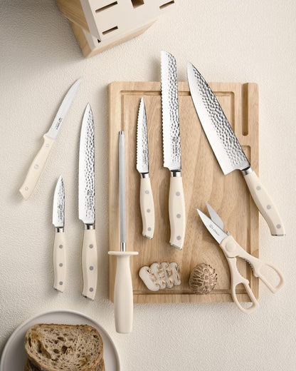 Kitchen Knife Set,14-Piece Knife Set With Block Wooden, Self Sharpening For Chef Knife Set, High Carbon German Stainless Steel Hammered Collection Knife Block Set, Dishwasher Safe Cutlery, Cream