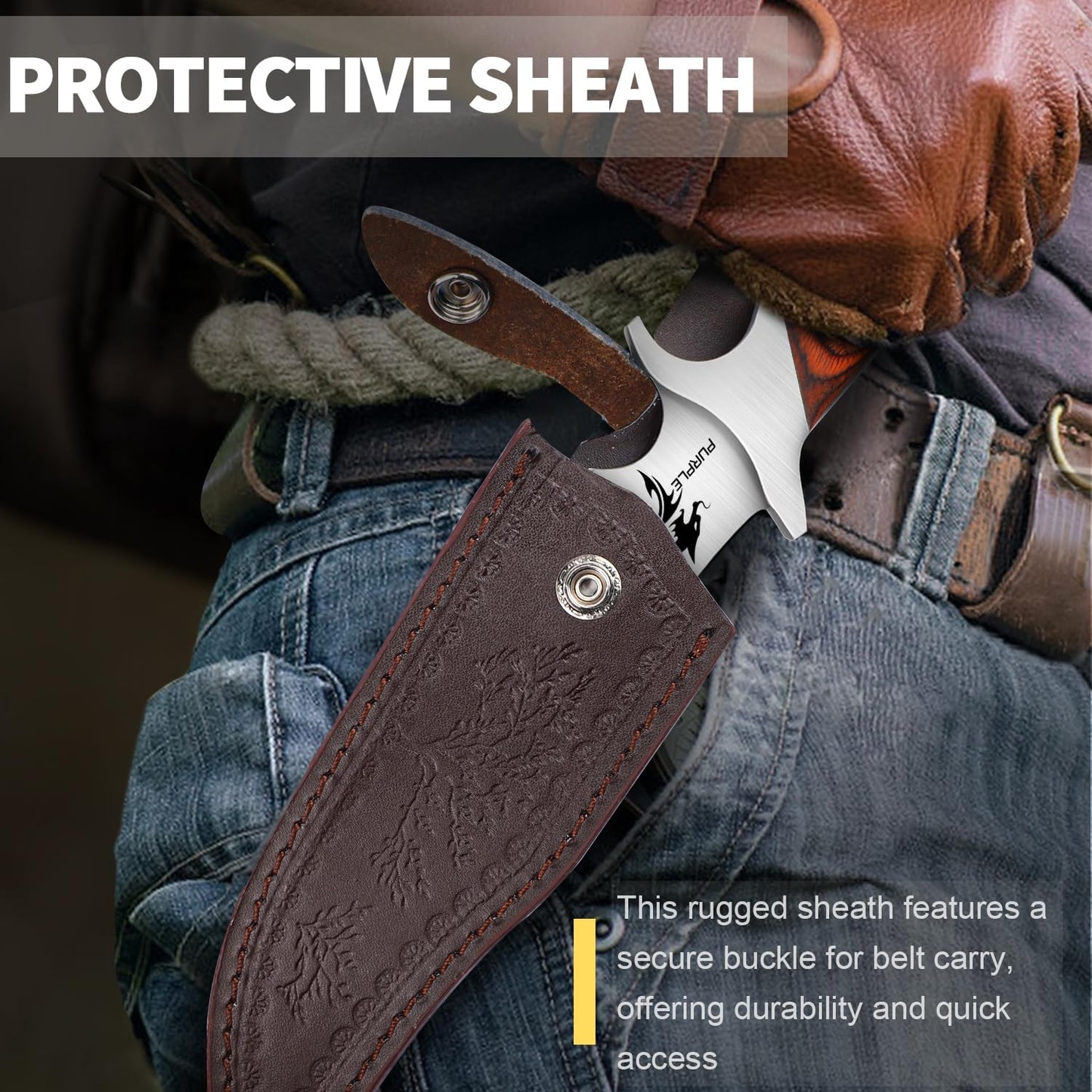 Purple Dragon Camping Fixed Blade Knife with Sheath,6 Inch Outdoor Knife Full Tang 440C Steel Bushcraft Knives with Redwood Handle-Outdoor Gear Christmas Gift for Men and Women Black