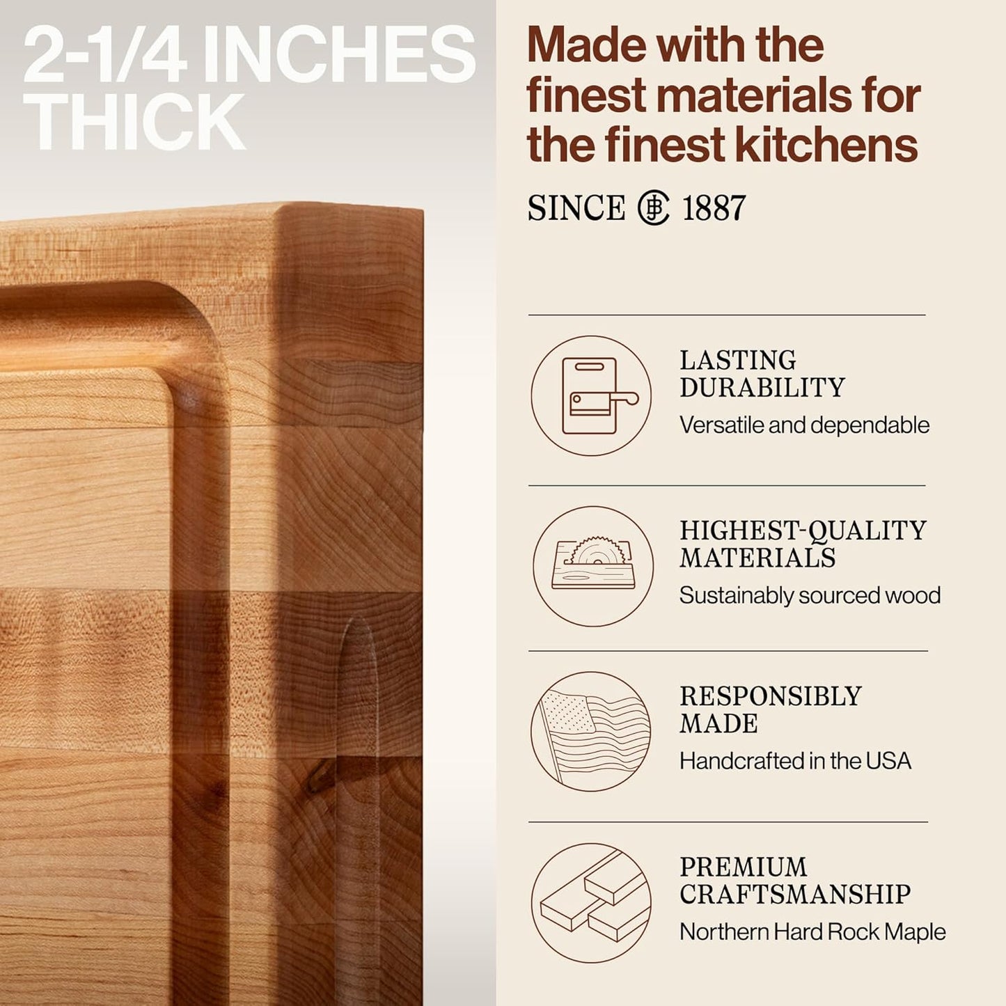John Boos RA-Board Series Rectangular Wooden Maple Deluxe Barbecue Cutting Board 20”x15” – 2.25” Thick, 20-lb Reversible Butcher Block with Juice Groove, Edge-Grain & Finger Grips – Made in the USA
