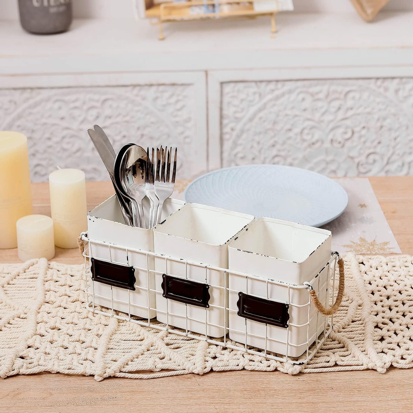 NIKKY HOME Farmhouse 3 Compartment Galvanized Flatware Cutlery Caddy Countertop Silverware Holder for Spoons, Knives, Forks - Silver