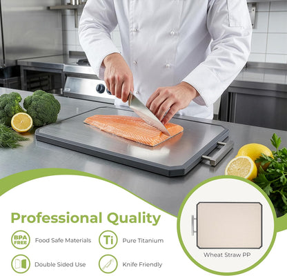 Freshware Titanium Cutting Board for Kitchen, Set of 2, Double Sided Cutting Boards, Pure Titanium/PP, Chopping Board with Juice Grooves, Dishwasher Safe, Medium 12.1" by 8.3" and Large 16.2" by 11"