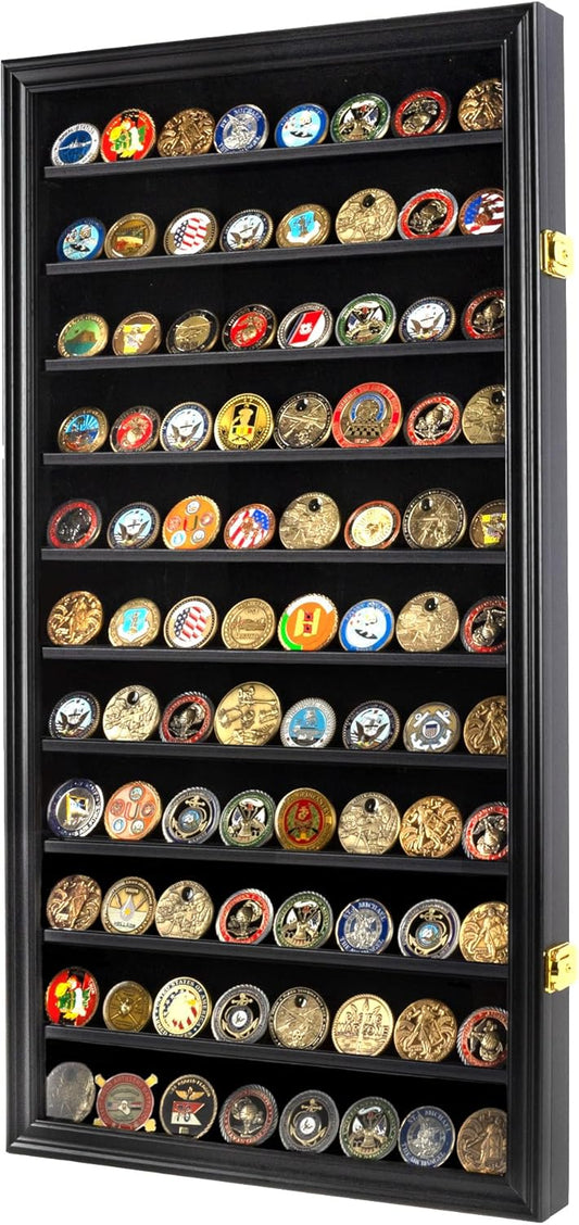 DisplayGifts Military Challenge Coin Display Case Poker Chips Holder Wall Cabinet Rack 29 X 16 Compatible with Army Navy Air Force Marine Corps Challenge Coins