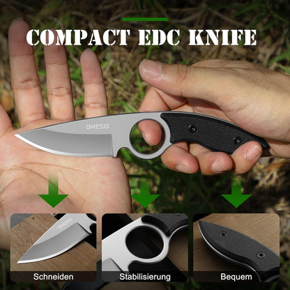 Omesio Small Fixed Blade Knife, Tactical Hunting Camping Knife with Kydex Sheath, Full Tang Stainless Steel Compact EDC Neck G10 Handle with Gift Box for Men (Black)