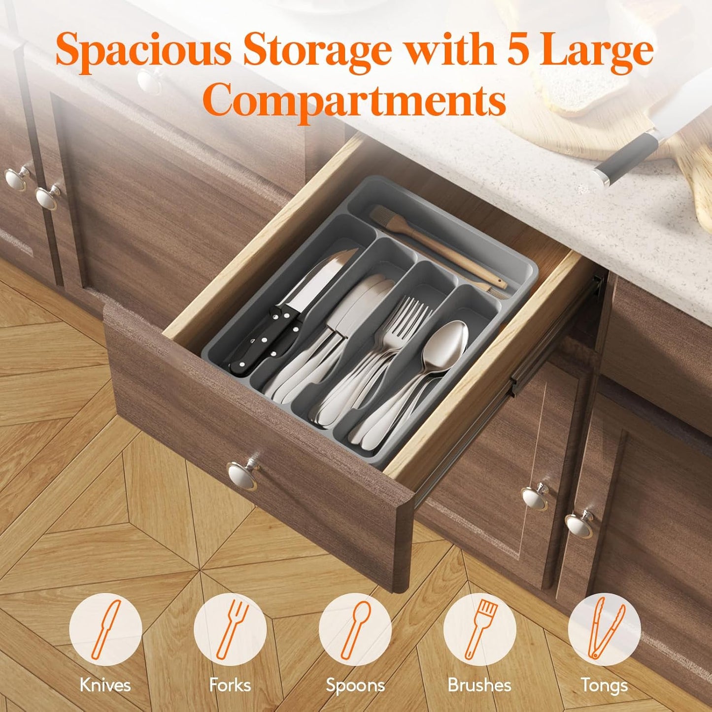 Lifewit Silverware Drawer Organizer Tray, Plastic Cutlery Storage for Kitchen, Flatware and Utensil Holder Divider for Spoons Forks Knives Tableware, 9.1 x 12.6", 5 Slots, Black