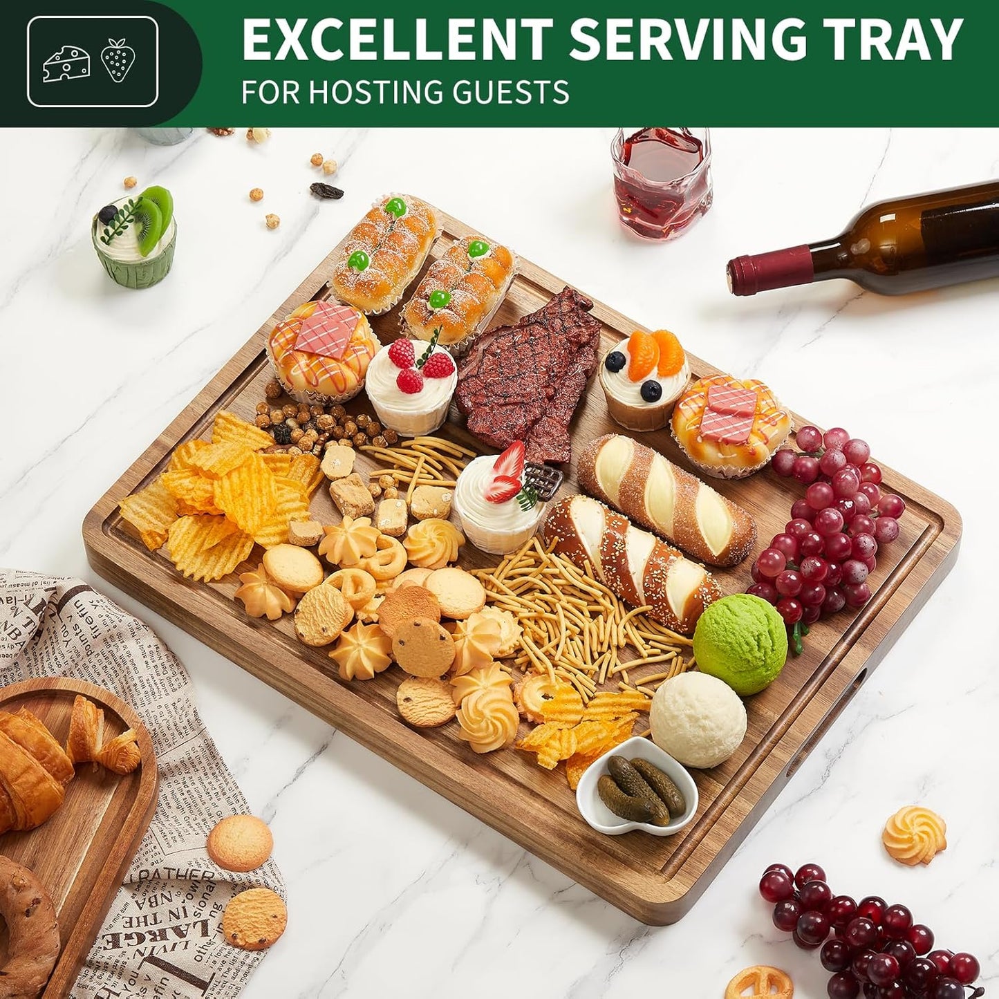 Large Wooden Cutting Board for Kitchen, 20" x 15" Acacia Wood Butcher Block Cutting Board with Juice Groove, Thick Chopping Board Carving Board for Meat Turkey Vegetables
