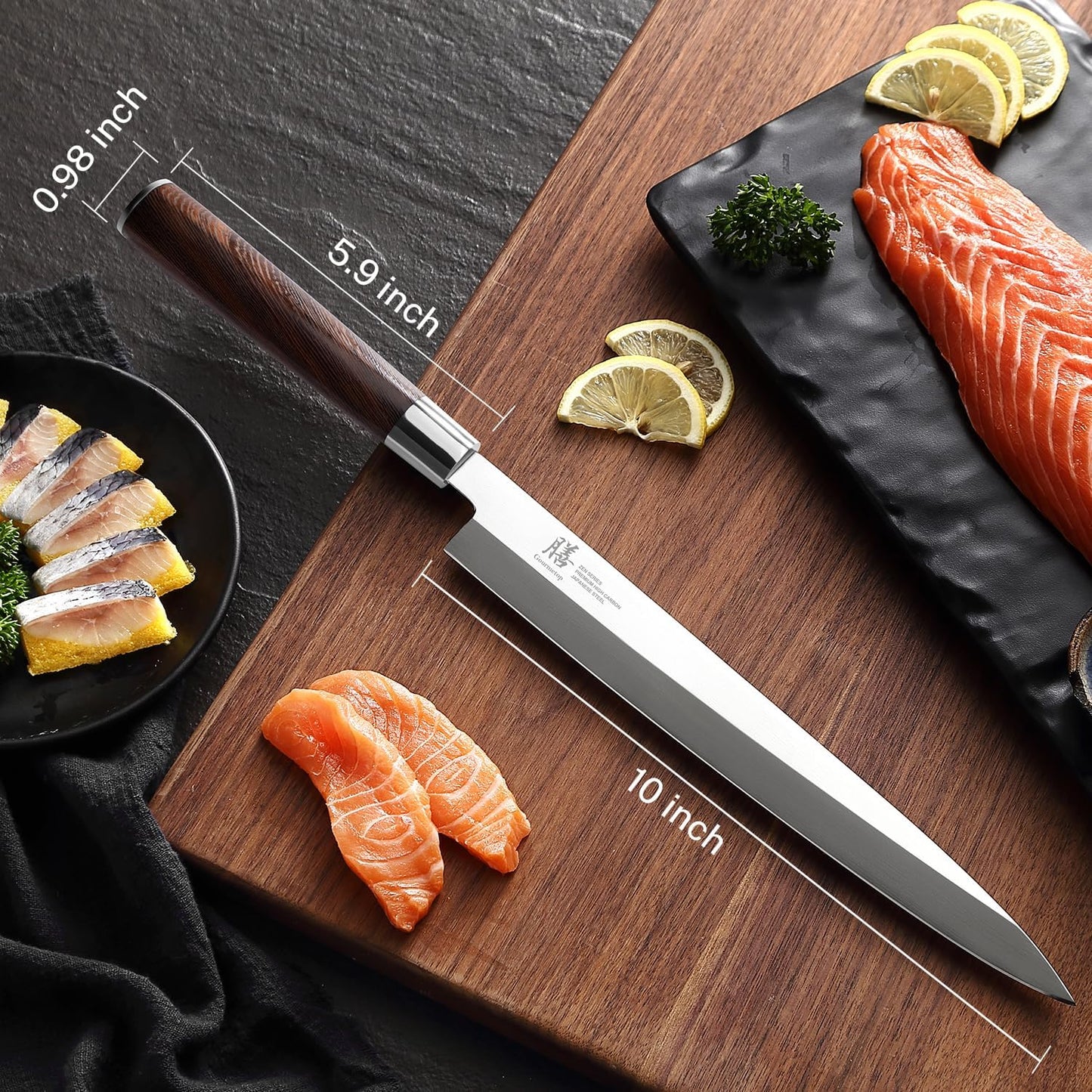Gourmetop Japanese Sashimi Sushi Knife 10 Inch – VG10 Steel Yanagiba Knife with Urasuki & Brushed Bevel, Wenge Wood D-Shape Handle – Professional for Japanese Salmon & Sushi Cutting