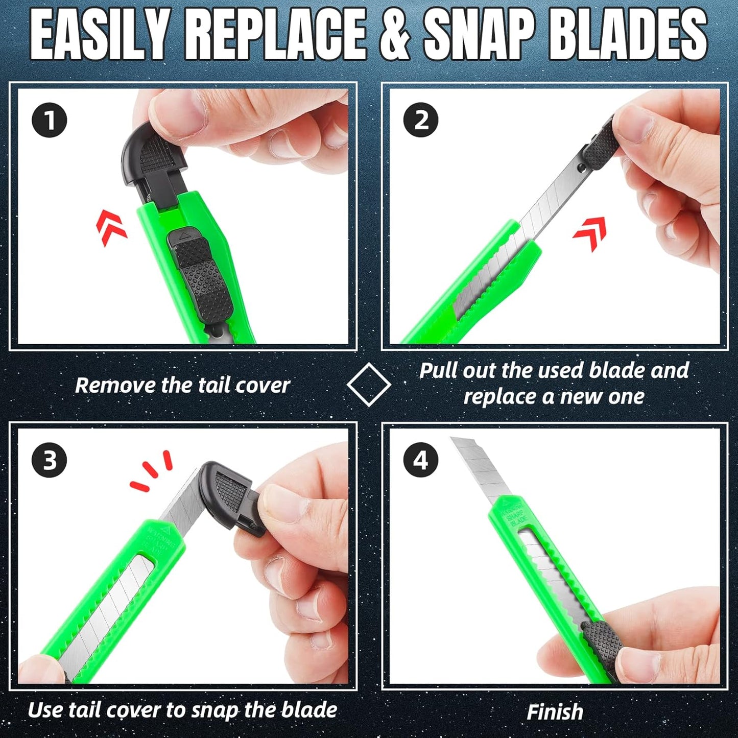 4 Pack Box Cutter Retractable, Utility Knife 9MM Wide Snap-Off Blades, Exacto Knife for Cutting Box, Wrapping, Cardboard, Extended Razor Knife, Box Opener Perfect for Office, Home, School