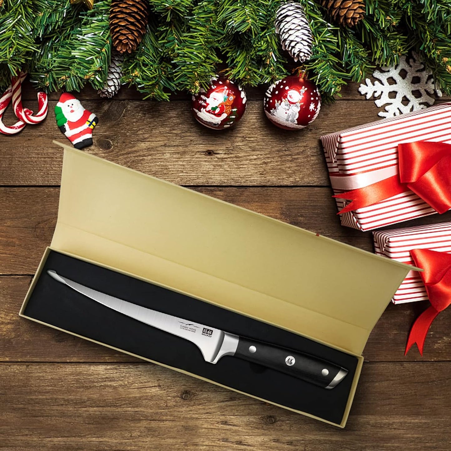SHAN ZU 3Pcs BBQ Carving Knife Set with Sheath – for Turkey, Meat, BBQ, Brisket, Razor Sharp Slicing Knife, Professional 5Cr15MoV Stainless Steel, Ergonomic Full Tang Wood Handle, Gift Box Included