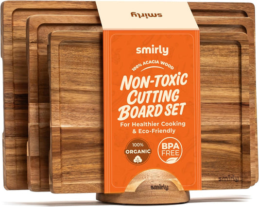 SMIRLY Bamboo Cutting board for Kitchen - Wood Cutting Boards for Meal Prep, Serving, Charcuterie - Kitchen Gadgets, House Warming Gifts - Wooden Chopping Board Set of 3 with Holder - Brown Bamboo