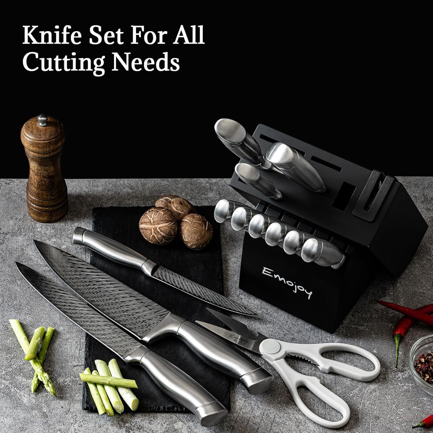 Knife Set, Emojoy 18-Pieces Kitchen Knife Set With Wooden Block, German Stainless Steel Knife Block Set With Built-In Sharpener, Professional Sharp Knives Set for Kitchen,White