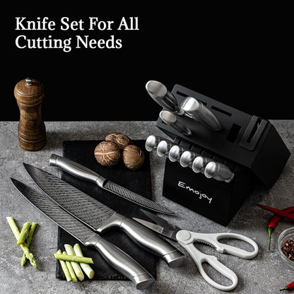 Knife Set, Emojoy 18-Pieces Kitchen Knife Set With Wooden Block, German Stainless Steel Knife Block Set With Built-In Sharpener, Professional Sharp Knives Set for Kitchen,White