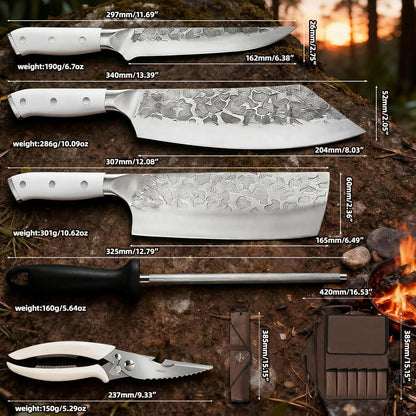 KOFERY Damascus Steel Butcher Knife Set with Full Tang Blades for Pit Master BBQ Meat Carving, Smoking Meat & Game Processing with Canvas Knife Roll for Camping, Gift for Men