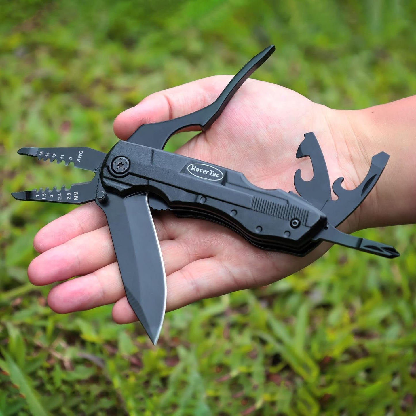RoverTac Pocket Knife, 15-in-1 Multitool with Pliers, Bottle & Can Opener, 9 Screwdriver Bits, Locking Mechanism & Nylon Sheath - EDC Multi Tool for Camping, Hiking & DIY, Gift for Men & Dad